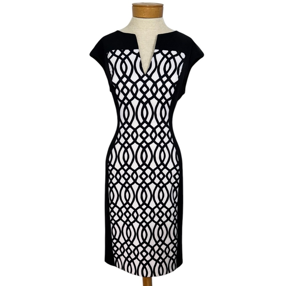 NWT Connected Apparel Sz 12 Black and White Geometric Sleeveless Sheath Dress